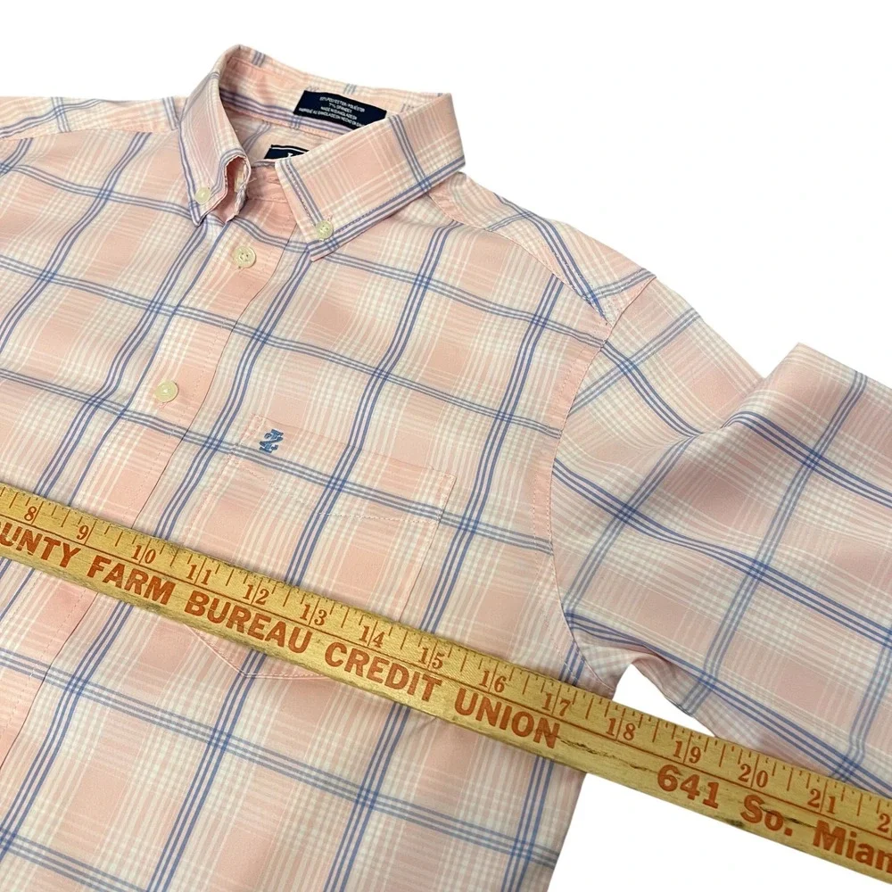 IZOD Long Sleeve Button‎ Down Shirt Pink Blue Plaid Stretch Preppy Boys L 14-16